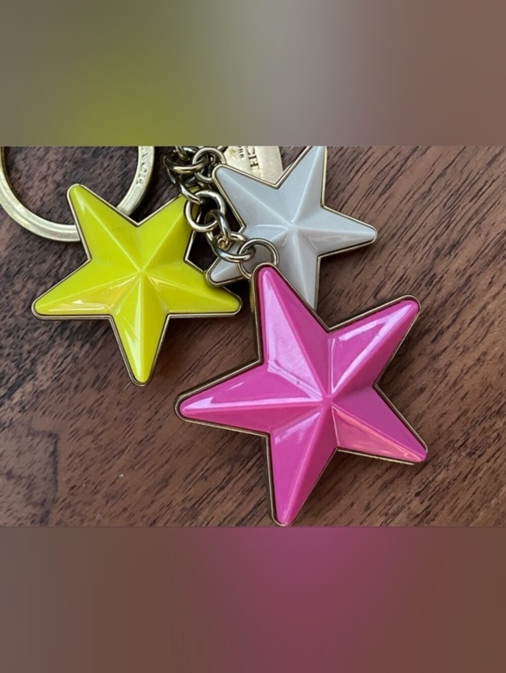 RARE Vintage Coach Multi-Star Enamel Bag Charm Keychain Y2K Gold Yellow Pink - Picture 6 of 6